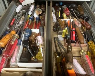Vintage Industrial Tool Cabinet with Assorted Screwdrivers