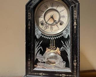 Antique W.L. Gilbert 'Jet' Ebonized Gingerbread Mantel Clock