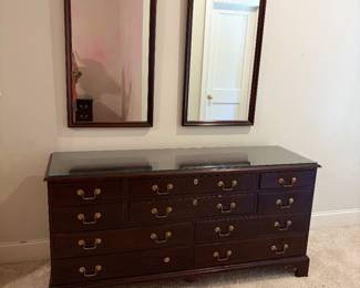 Beautiful mahogany dresser with matching two mirrors Made by Davis furniture makers Solid wood. 65" long 20"deep 31-1/2 t tal Very good condition This will have to be removed from upstairs so you would need help for removal Asking $285 Pick up in Cotswold 28211