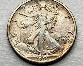 1916 D - Walking Liberty Silver Half Dollar - D on Obverse