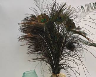 Green & Aqua Glass Vase + Antique Painted Vase with Peacock Feathers