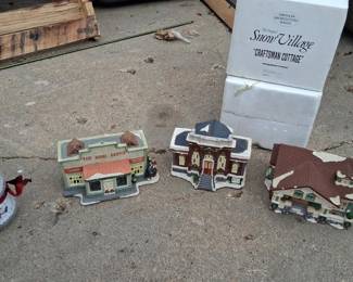 Vintage Christmas Village Pieces and Glass Snowglobe Snowman