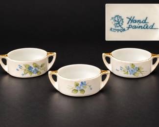 Antique 1891-1911 Nippon Hand Painted Blue Forget-Me-Not Porcelain Open Salts Set of 3 - Potterville