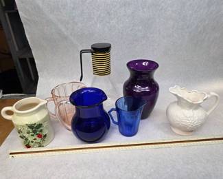 Small Collection of Art Glass, Depression Glass Pitcher, Vintage Coffee Carafe, and Ceramic Decor