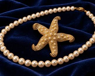 Vintage Ivory Faux Pearl Necklace & Ornate Gold-Tone Starfish Brooch - Coastal Elegance - Potterville