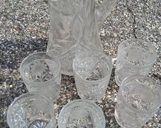 Vintage Pressed Clear Glass Lemonade Pitcher w/ 6 Tumblers