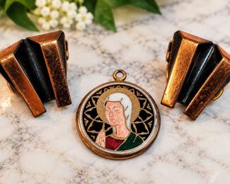 Renoir Signed Mid-Century Copper & Black Modernist Clip Earrings with Spanish Enamel Madonna Pendant - Potterville