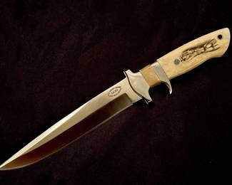 Stunning Custom Scrimshaw Full Tang Bowie Knife Heavy Leather Sheath NIB