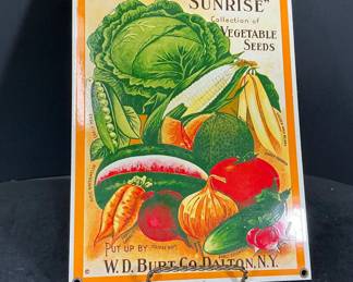 Ande Rooney Sunrise Vegetable Seeds Porcelain Enamel Advertising Sign W.D. Burt Co - Potterville