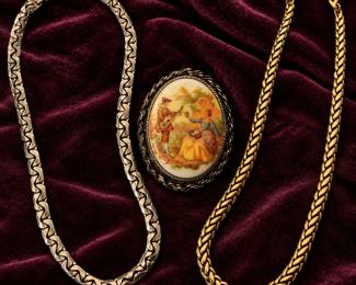 Anne Klein Necklace, Silver Chain & Fragonard Porcelain Brooch - Potterville