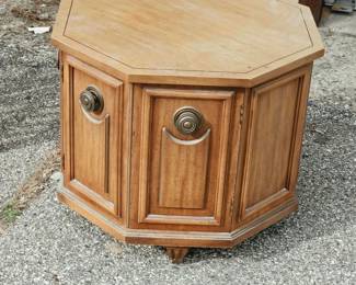 Octagonal Wood Cabinet End Table with Double Doors & Decorative Metal Hardware