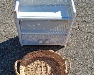 White Wicker Shelving Unit w/ Wicker Baskets