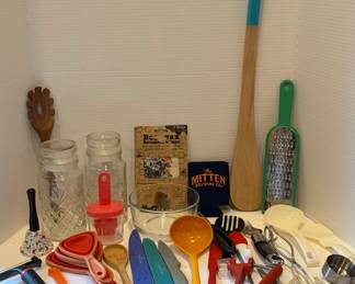 Kitchen Drawer Clean Out Odds & Ends - Mr. Peanut Jars - Bees Wax - Vintage Measuring Tools