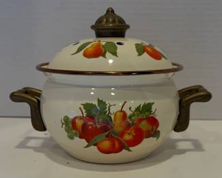 Vintage Enamelware Simmer Potpourri Pot w/Harvest Fruit Design - Pristine Condition