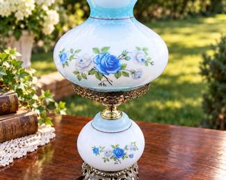 Vintage Blue & White Milk Glass Hurricane Lamp with Ruffled Shade, Roses & Ornate Metal Base - Potterville