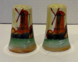 Vintage Lusterware Hand-painted 1920's Red Dutch Windmill Salt & Pepper Shakers - Cork Bottom!