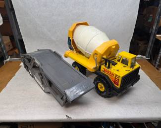 Vintage 1980's Tonka Turbo Diesel Mighty Cement Mixer w/ Vintage Tonka Car Carrier Trailer