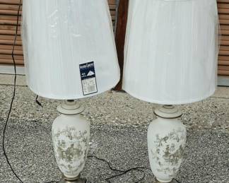 Pair of Chinoiserie-Style Table Lamps with Pagoda Designs, Ornate Metal Bases & White Shades
