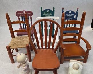 7 Vintage Miniature Wooden Chairs + 2 Precious Moments Figurines
