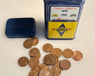 Vintage Sunoco Tin Bank Filled with Over 225 Older Wheat Cents