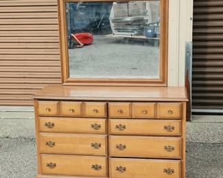 Eight-Drawer Double Dresser with Framed Mirror & Brass-Tone Hardware