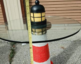 Lighthouse Accent Table with Round Glass Top & Red-and-White Pedestal Base