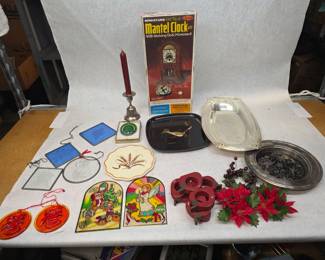 New in Box Vintage Miniature Old Style Karrow Mantel Clock w/ Other Misc. Vintage Christmas Decor