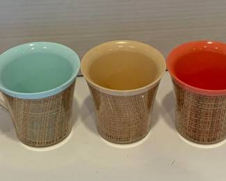 Vintage Lot of 5 1960's Raffiaware Insulated Burlap Straw Tiki Plastic Coffee Mugs