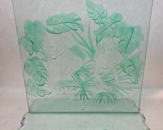 Vintage Frosted Carved Art Glass Panel - Tiger & Woman