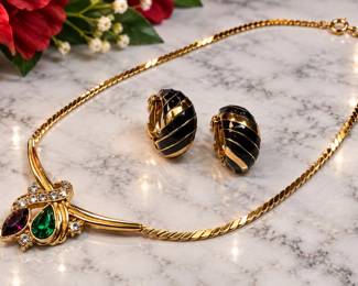 Ellen Designs Signed Black Enamel Clip Earrings & Jeweled Gold-Tone Necklace 3-Piece Lot - Potterville
