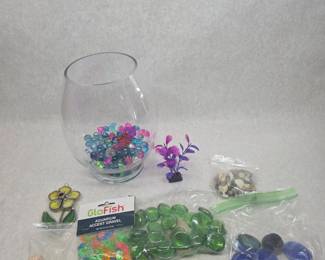 Small Fish Bowl w/ Various Decorations and Marbles