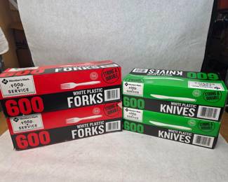 Huge Collection of New in Box Member's Mark 1200 Count of Plastic Forks and Knives