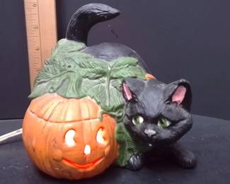 1970s Ceramic Black Cat & Jack-O-Lantern Halloween Light - Potterville