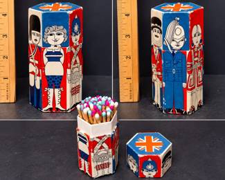 Vintage British Character Hexagonal Match Holder with Colorful Matches and Union Jack Lid - Potterville