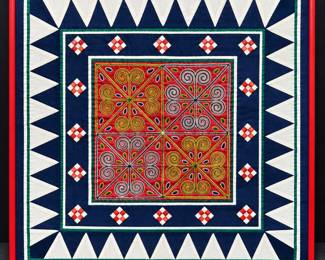 Vintage Hmong Style (Flower Cloth) Framed Textile Art with Colorful Embroidery and Geometric Applique - Potterville