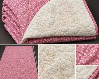 Pink Floral & Ivory Embroidered Reversible Quilt 62x104 - Hand Quilted - Pretty! - Potterville