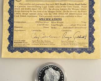 2021 - Double Liberty - Cook Islands - Proof Struck Clad Silver Dollar with COA