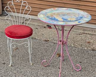 Coastal-Theme Round Accent Table & Scrollwork Metal Chair with Red Cushioned Seat