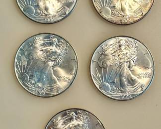 Lot of 5 - 2000 - American Silver Eagle Bullion Coins