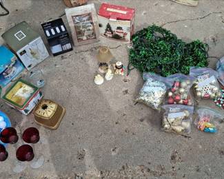 Collection of Various Christmas Ornaments and Decorations w/ Sundae Glasses and Flutes