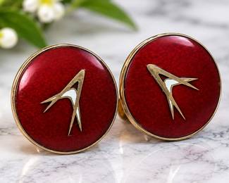 Mid-Century Atomic Age Screwback Earrings Deep Red Enamel & Gold-Tone Modernist Design - Potterville
