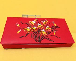 Vintage Mid-Century Red Floral Leatherette Brooch & Pin Storage Box Foam Lined - Potterville