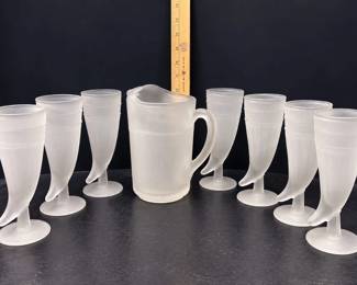 Indiana Glass Tiara Frosted Powder Horn Goblets Set of 7 with Matching Pitcher Vintage - Potterville