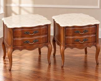 Pair Vintage MCM Style End Tables with Drawers & Genuine Marble Tops - Potterville