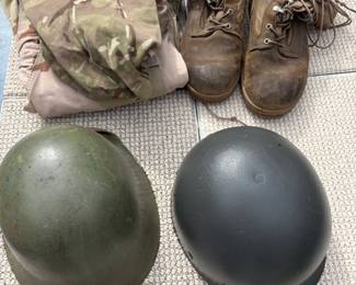 Military Clothing Lot - Helmets, Jacket, Boots - Estate Sales Warehouse (GR)
