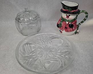 Vintage Cut Glass Christmas Tray, Snowman Pitcher & Glass Pumpkin