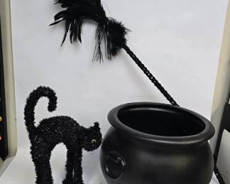 Halloween Decor - Broomstick, Cat, Large Cauldron