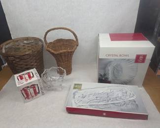 Small Collection of Mikasa Crystalware w/ 2 Wicker Baskets