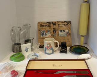Retro Mid-Century Kitchenware Lot - Rolling Pin, Carving Set