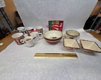 Small Collection of Christmas Themed Ceramic Decorations and Mugs